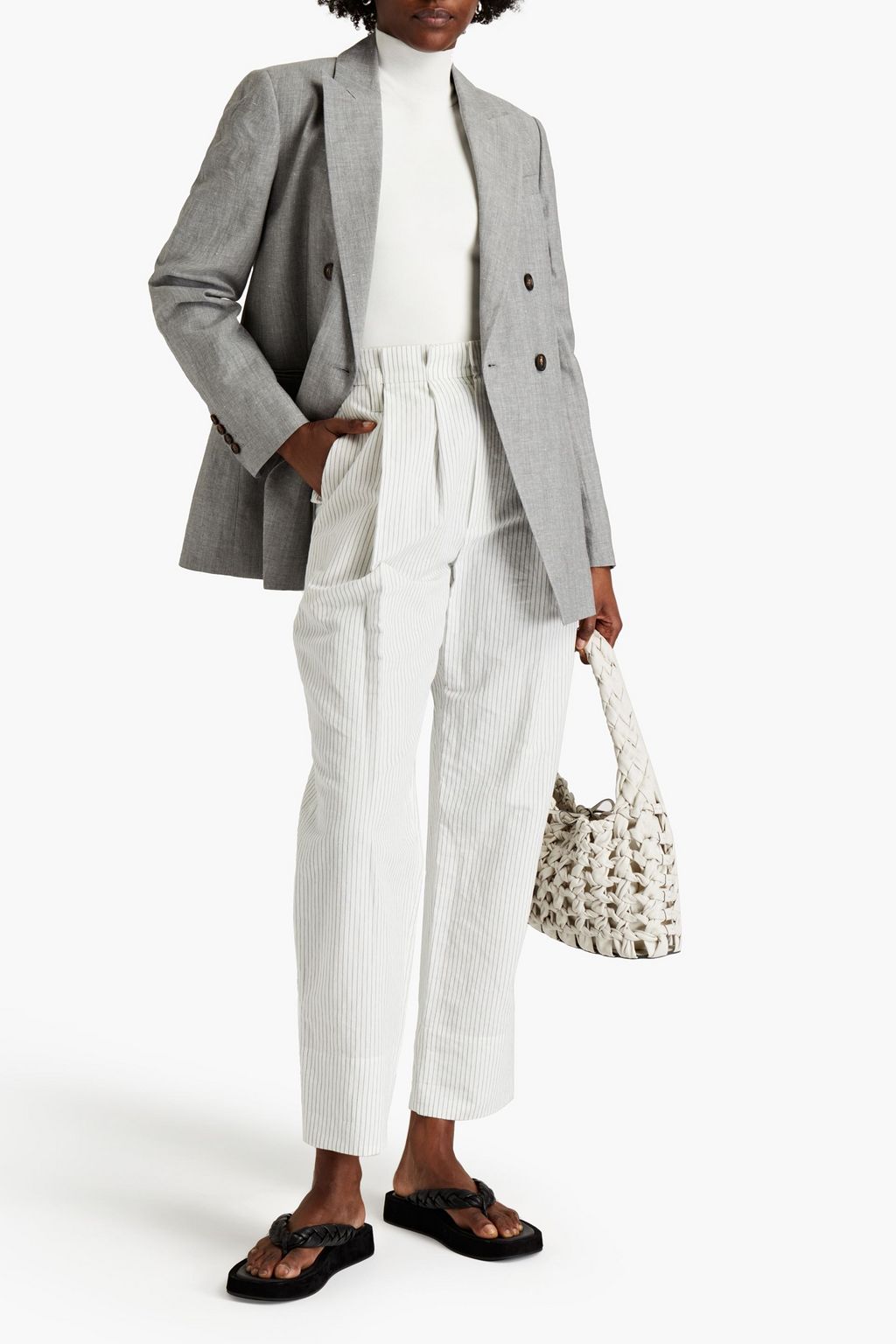 BRUNELLO CUCINELLI Pleated pinstriped cotton and linen-blend wide-leg pants