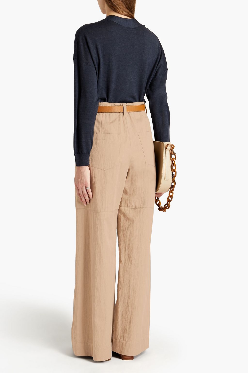 BRUNELLO CUCINELLI Hose mit weitem Bein aus Twill aus einer Baumwollmischung mit Falten und Zierperlen