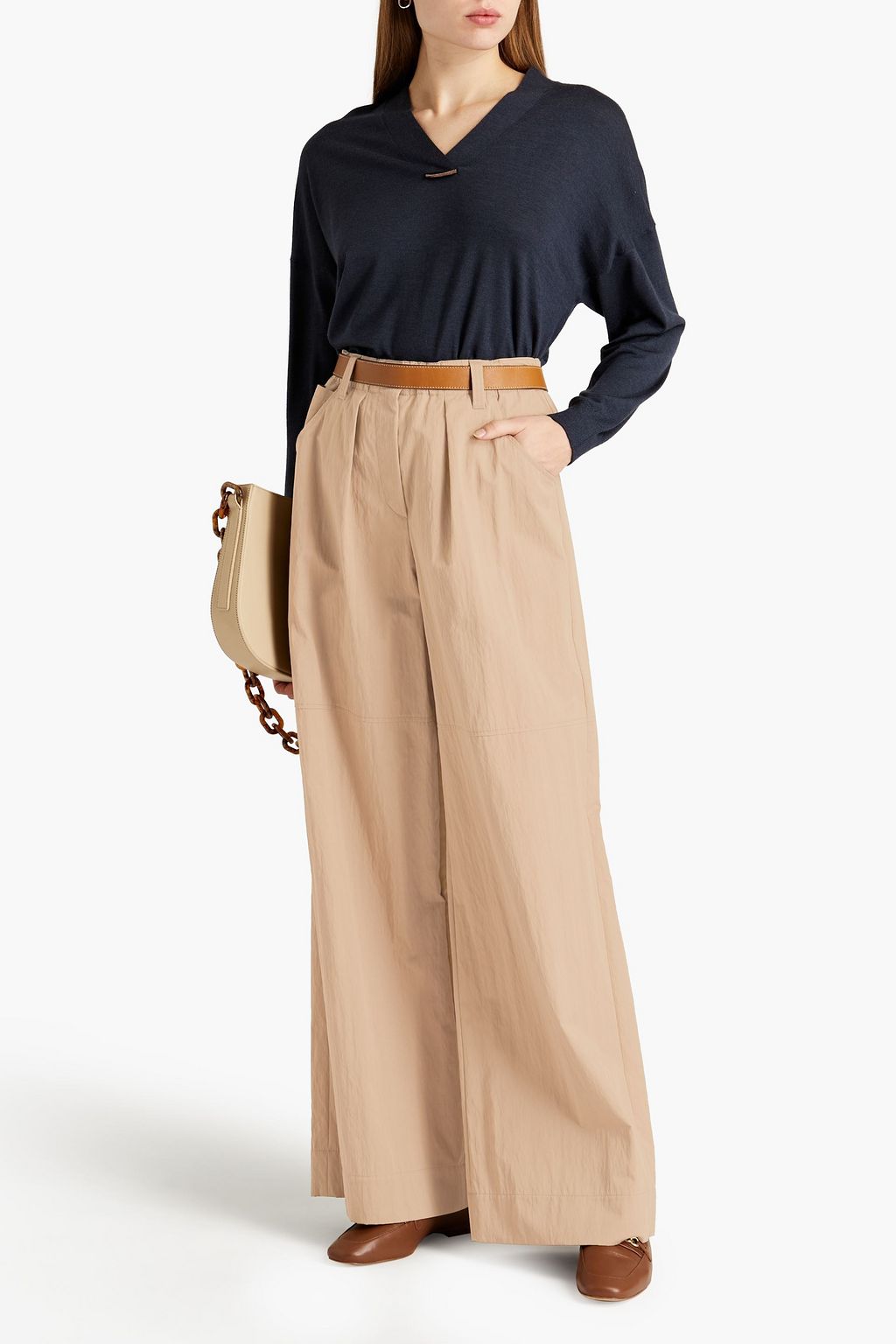 BRUNELLO CUCINELLI Hose mit weitem Bein aus Twill aus einer Baumwollmischung mit Falten und Zierperlen