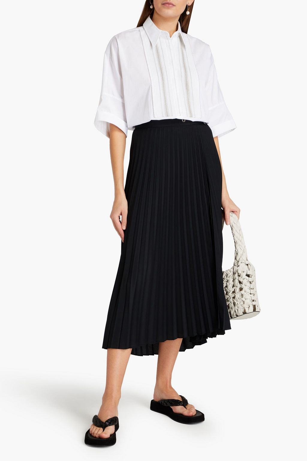 BRUNELLO CUCINELLI Organza-trimmed bead-embellished cotton-blend poplin shirt