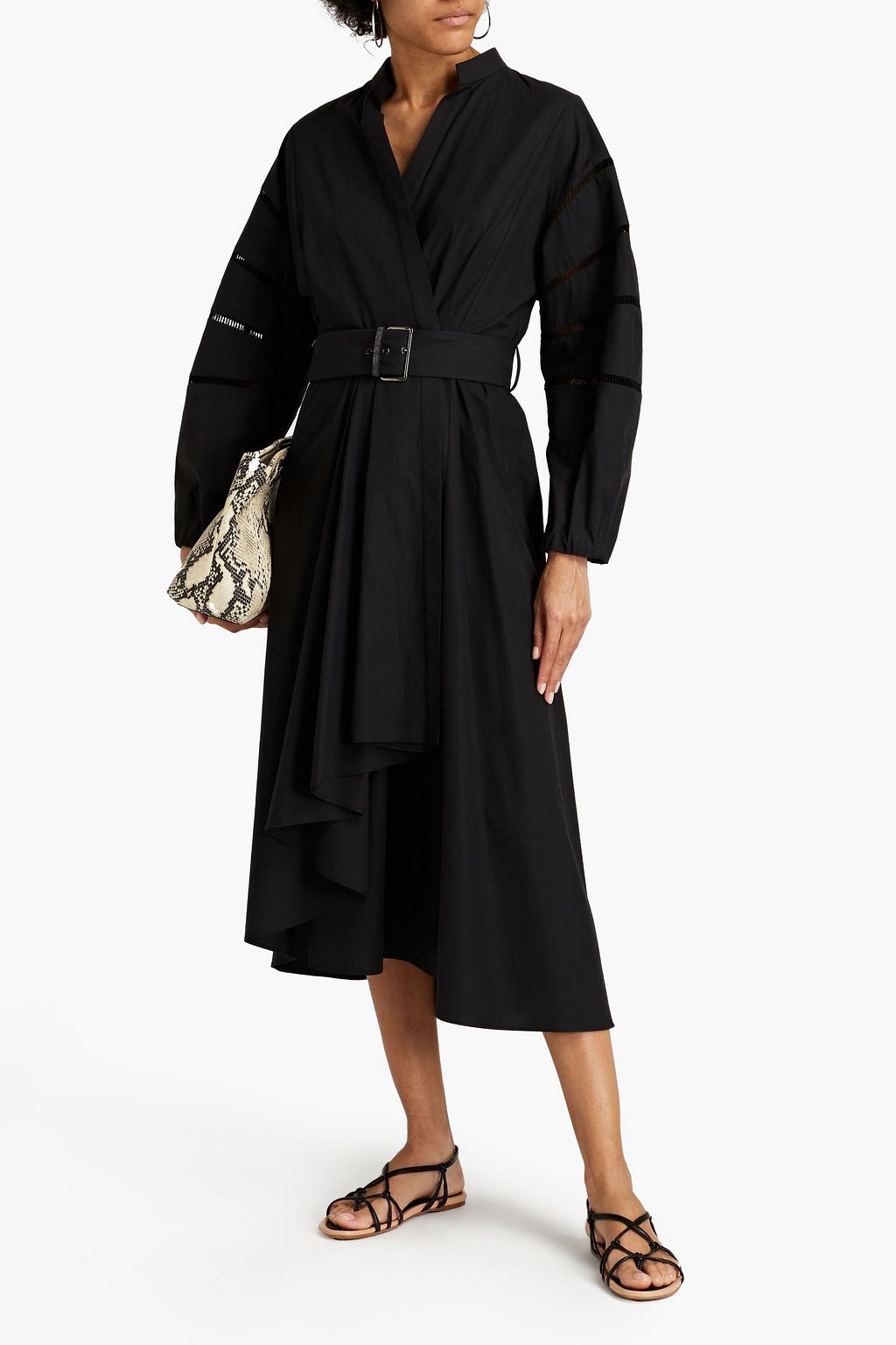 BRUNELLO CUCINELLI Belted lattice-trimmed cotton-poplin midi wrap dress