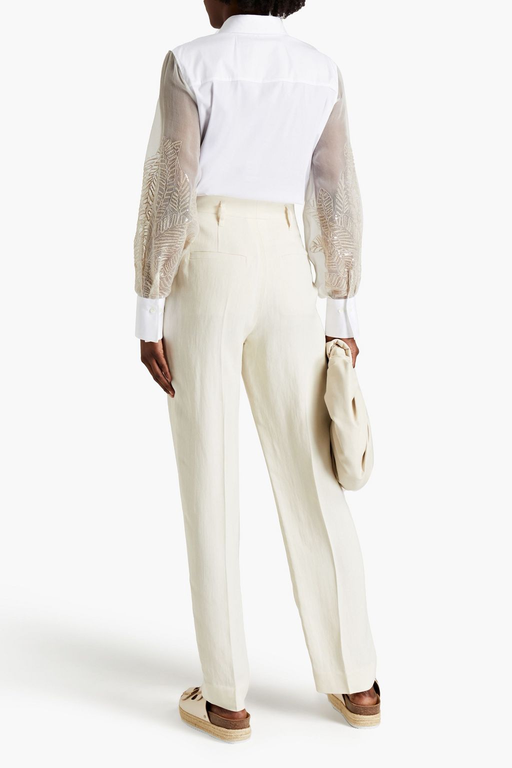 BRUNELLO CUCINELLI Paneled embellished organza and cotton-blend stretch-poplin shirt