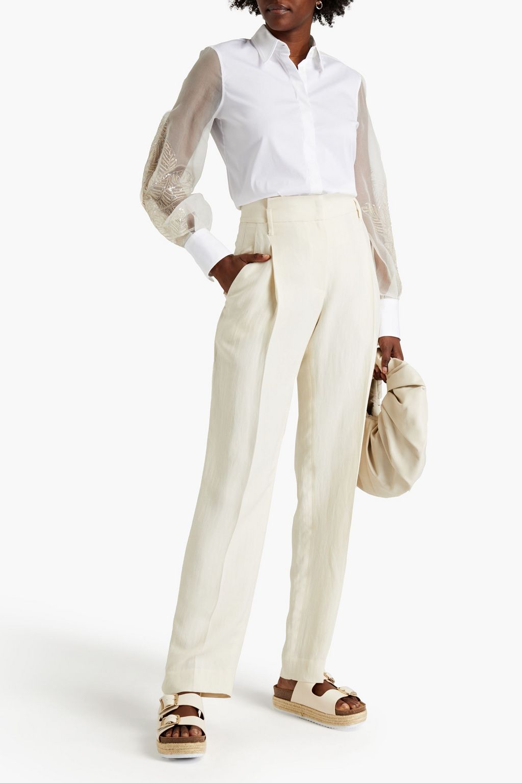 BRUNELLO CUCINELLI Paneled embellished organza and cotton-blend stretch-poplin shirt