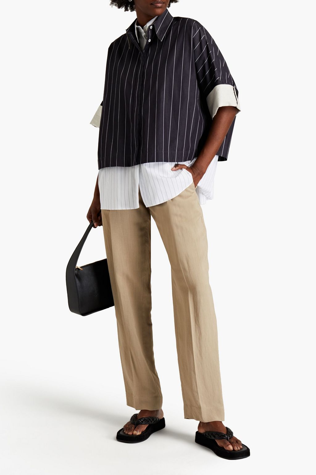 BRUNELLO CUCINELLI Layered pinstriped linen and cotton-poplin shirt