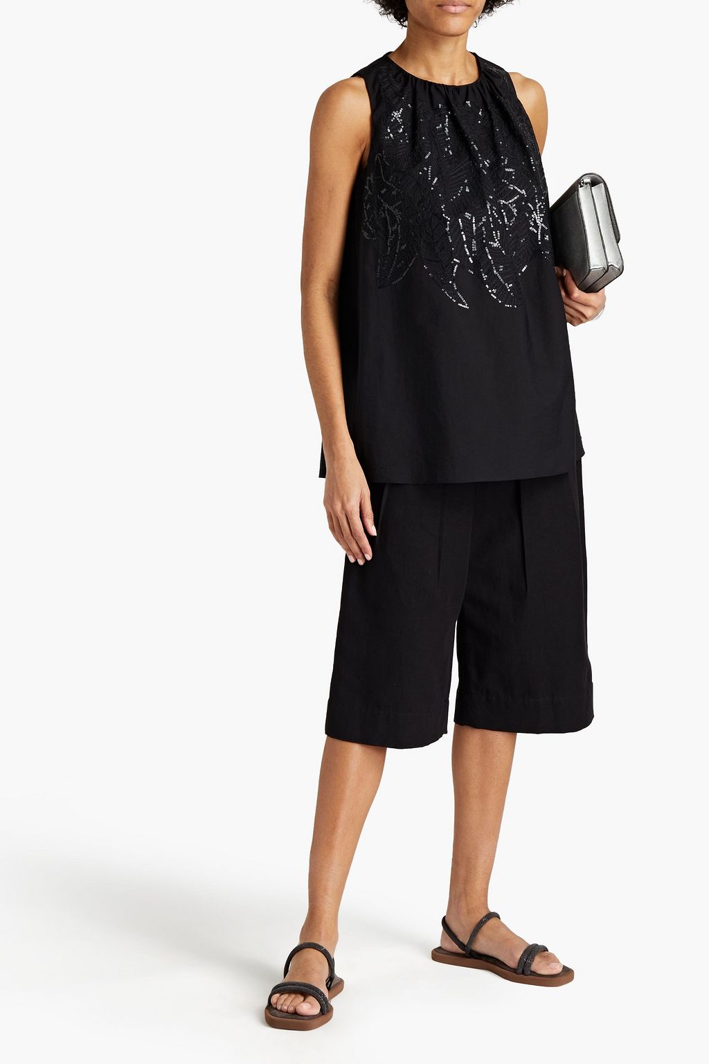 BRUNELLO CUCINELLI Embellished gathered cotton-blend poplin top