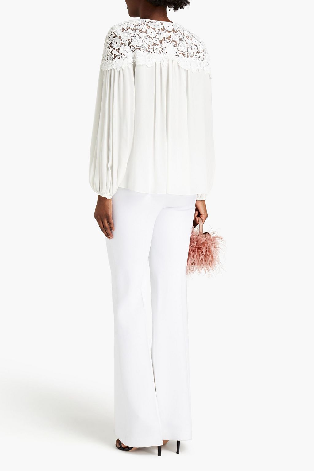 CAROLINA HERRERA Macramé lace-paneled silk crepe de chine blouse
