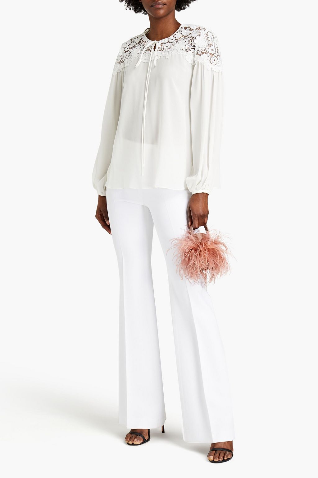 CAROLINA HERRERA Macramé lace-paneled silk crepe de chine blouse