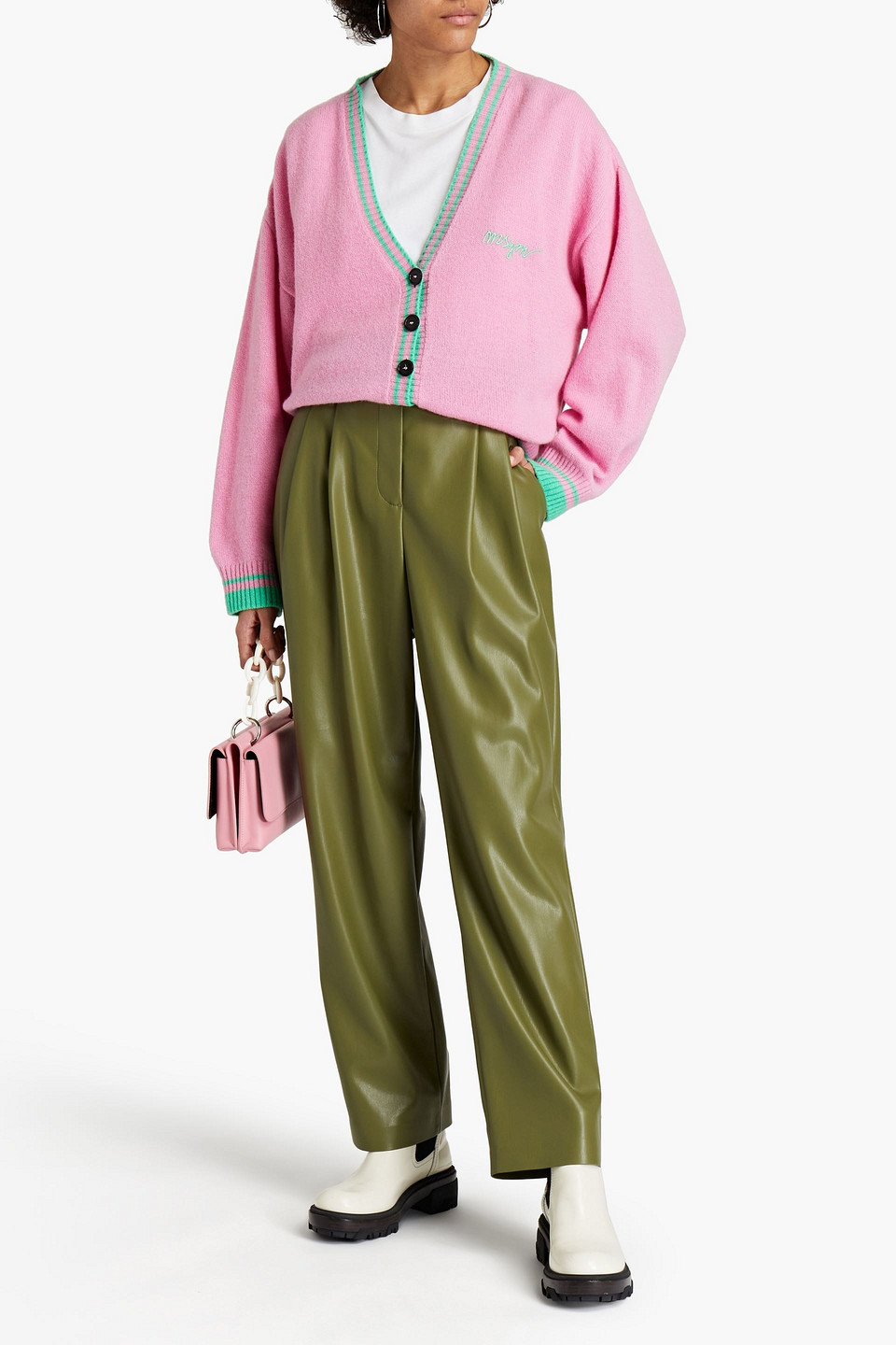 Msgm Pleated Faux Leather Straight-leg Trousers In Green