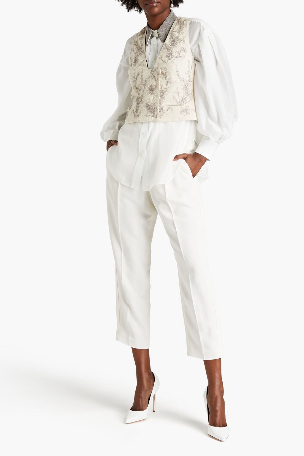 BRUNELLO CUCINELLI Satin-paneled embellished cotton, linen and hemp-blend vest