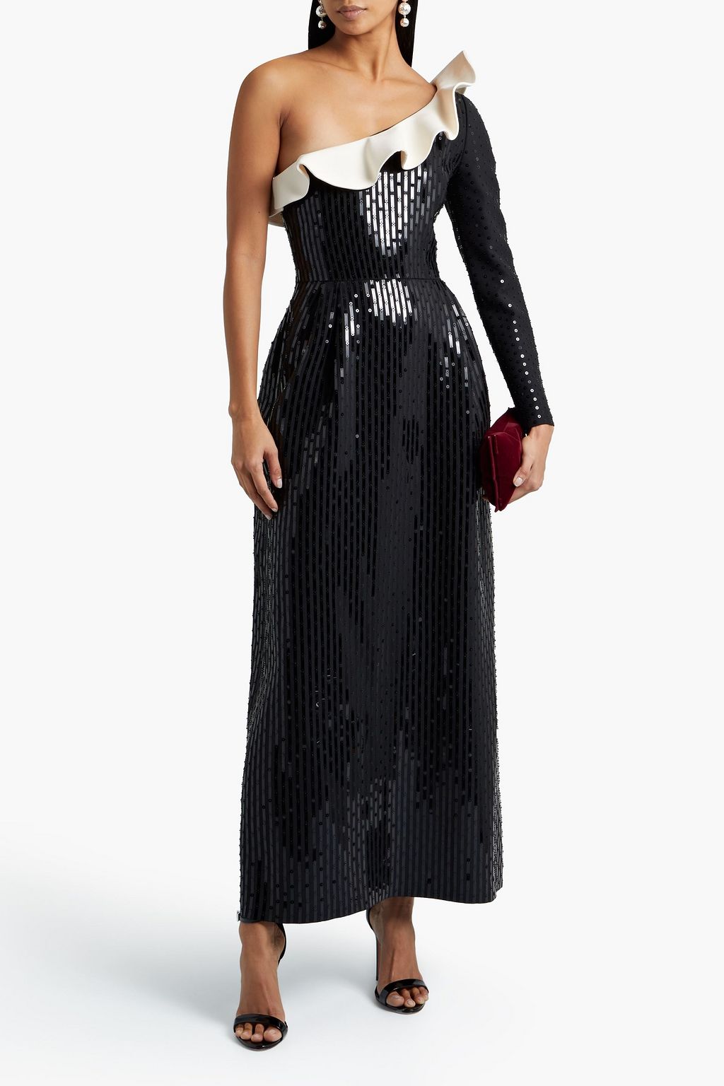 VALENTINO GARAVANI One-shoulder sequin-embellished wool and silk-blend crepe gown
