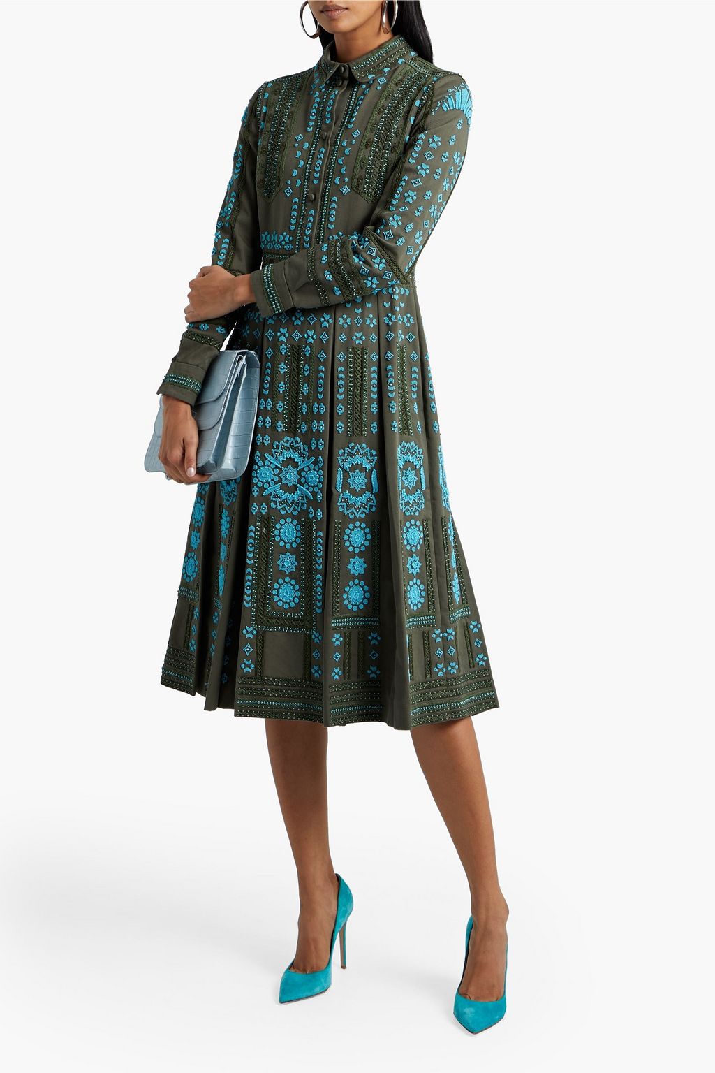 VALENTINO GARAVANI Embellished pleated cotton-twill dress