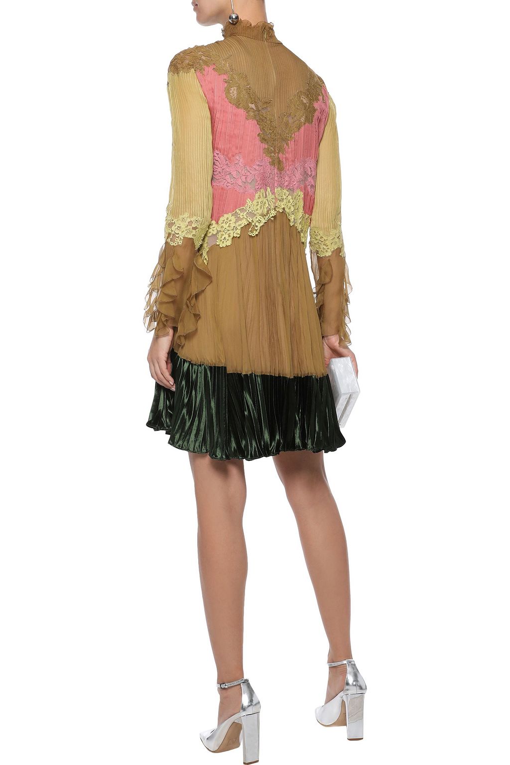 VALENTINO GARAVANI Lace-trimmed velvet-paneled plissé silk-chiffon mini dress