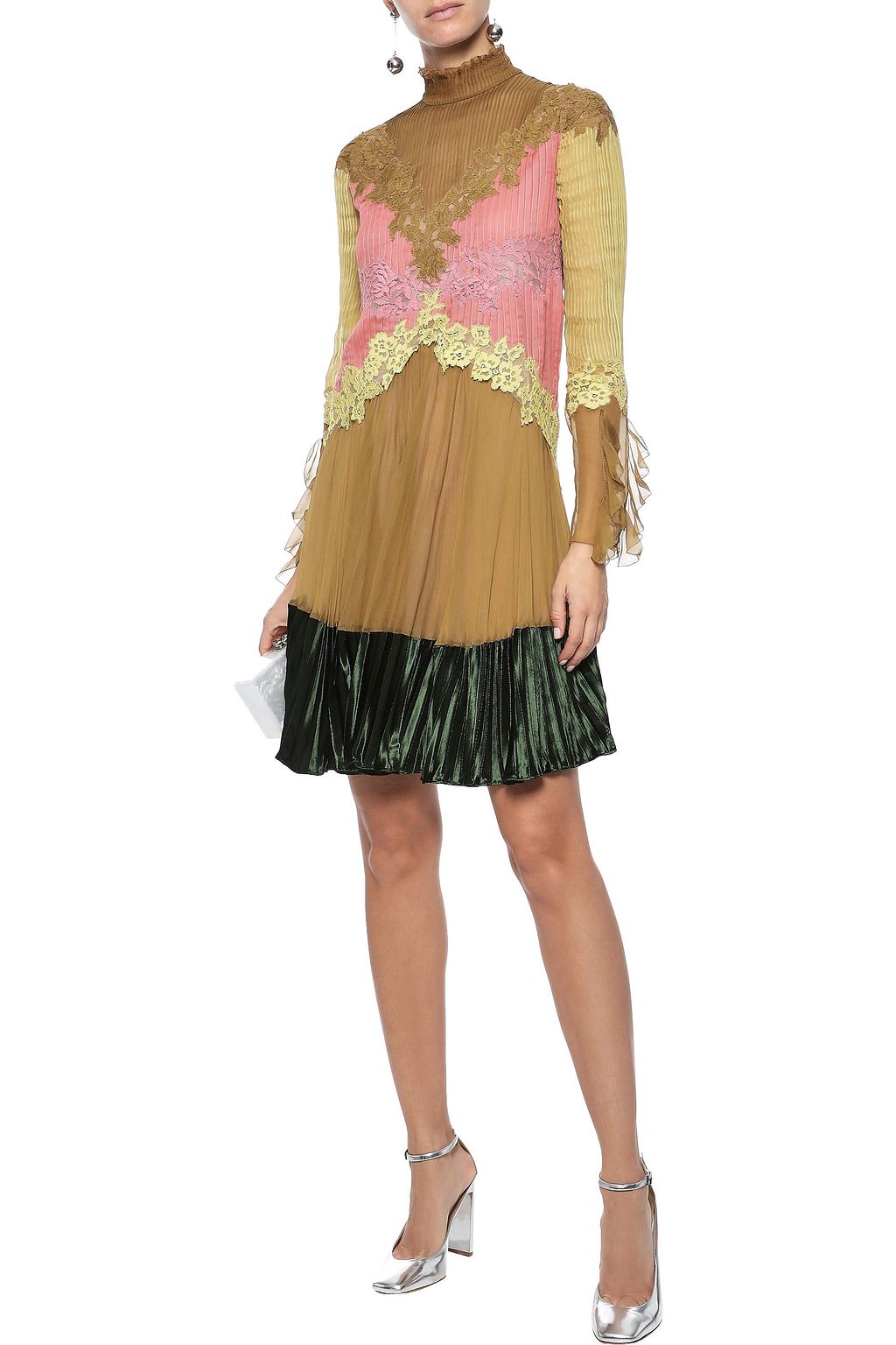 VALENTINO GARAVANI Lace-trimmed velvet-paneled plissé silk-chiffon mini dress