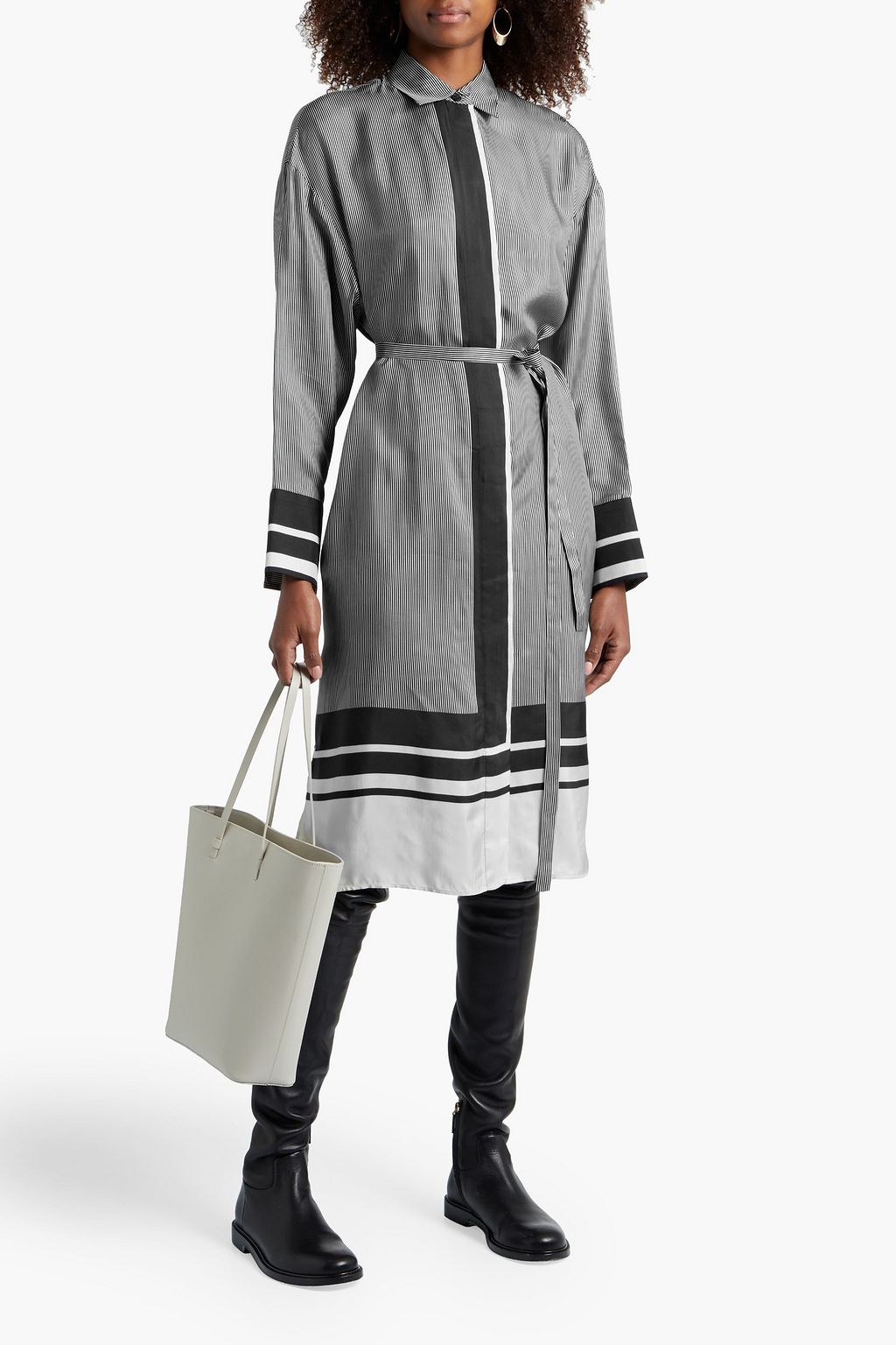 JOSEPH Duras belted striped satin-twill midi shirt dress