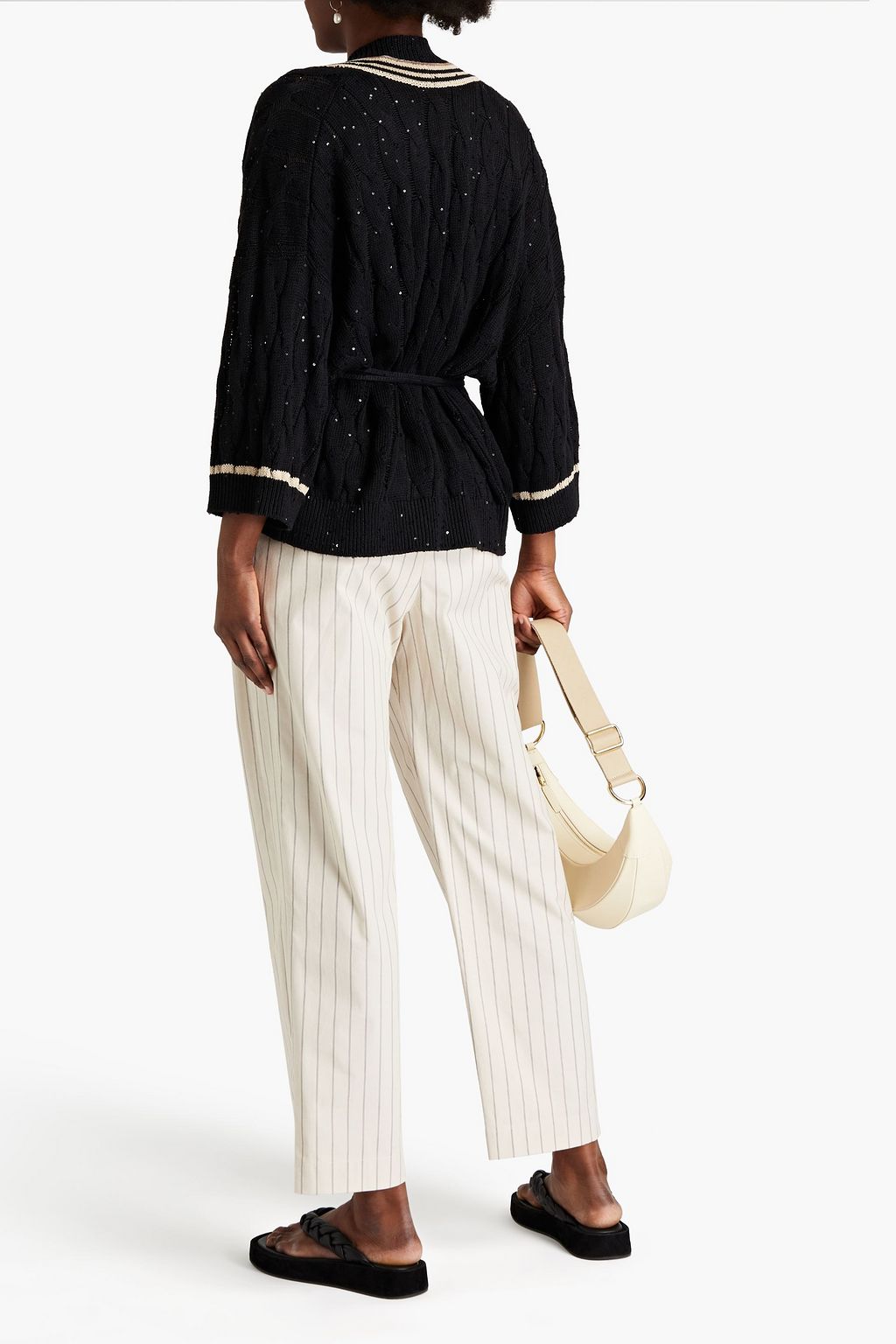 BRUNELLO CUCINELLI Embellished cable-knit cotton, linen and silk-blend cardigan