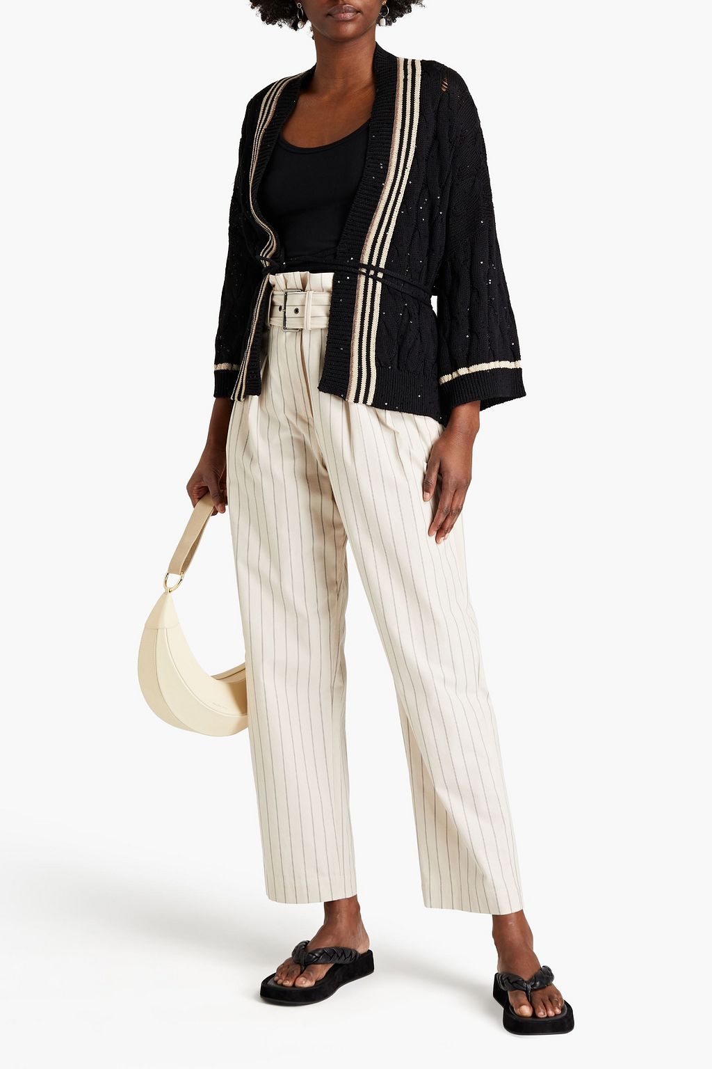 BRUNELLO CUCINELLI Embellished cable-knit cotton, linen and silk-blend cardigan