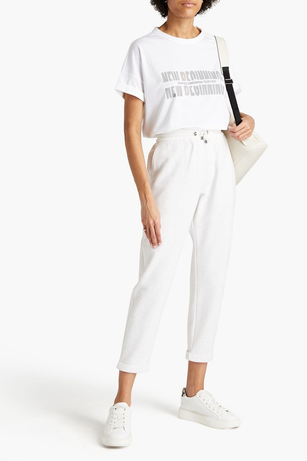BRUNELLO CUCINELLI Cropped mélange French cotton-blend terry track pants