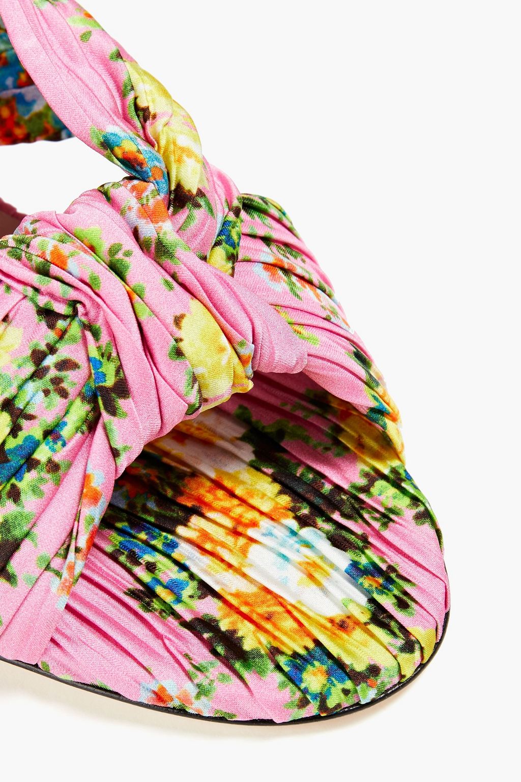 MSGM Cutout knotted plissé floral-print satin mules