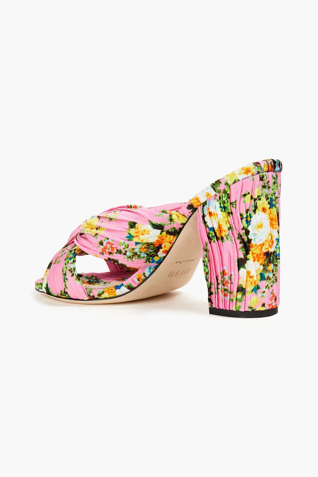 MSGM Cutout knotted plissé floral-print satin mules