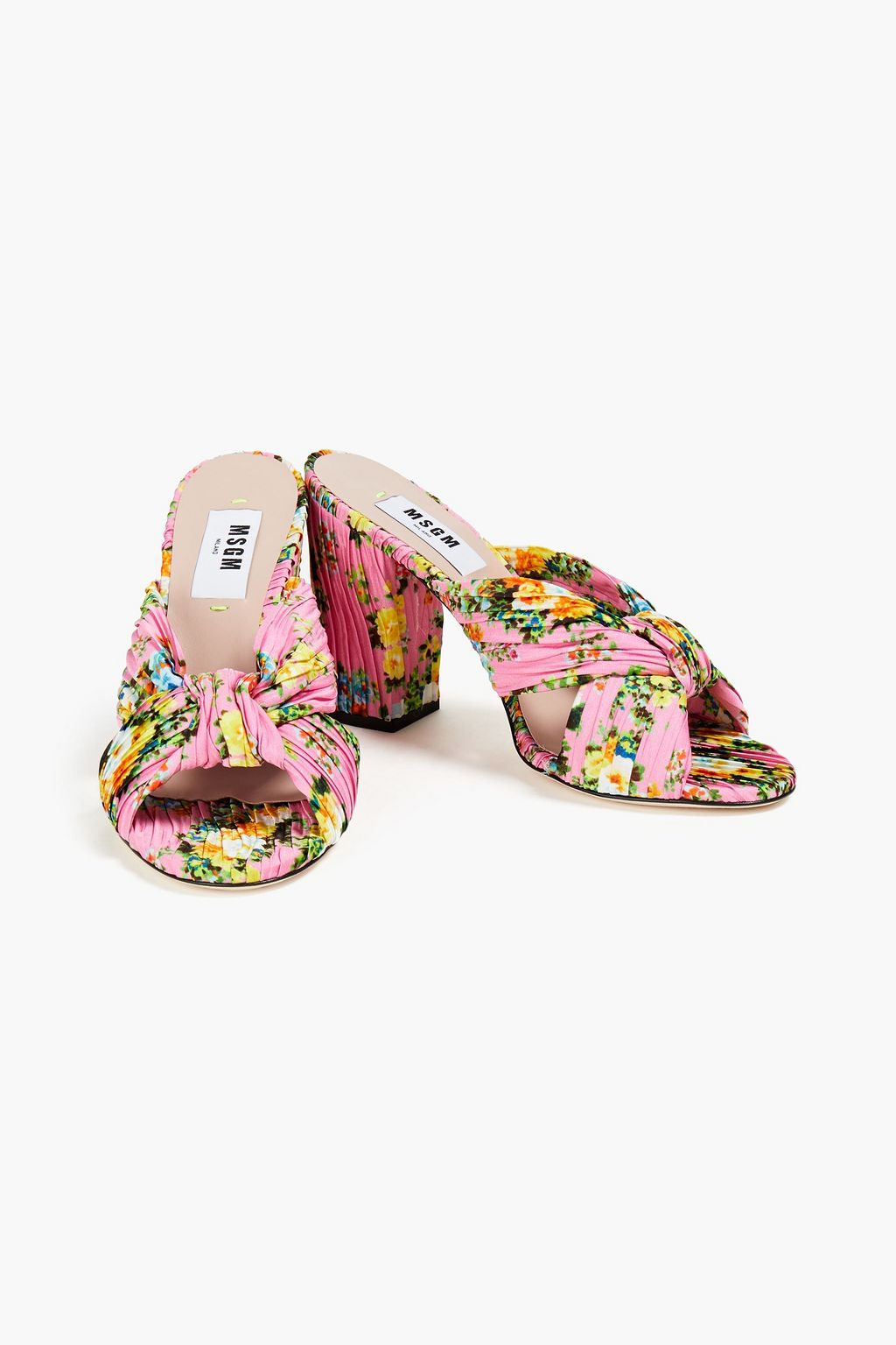 MSGM Cutout knotted plissé floral-print satin mules