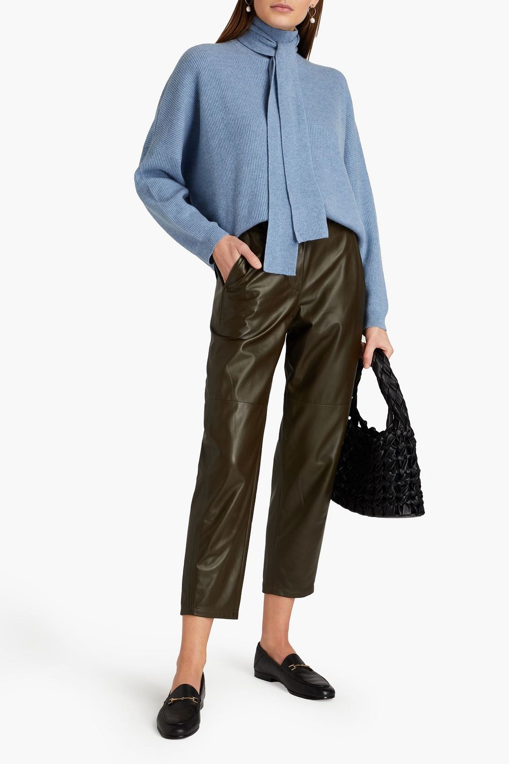 BRUNELLO CUCINELLI Tie-neck embellished ribbed cashmere turtleneck sweater