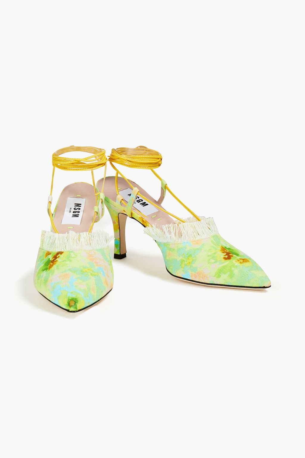MSGM Leather-trimmed frayed floral-print canvas pumps