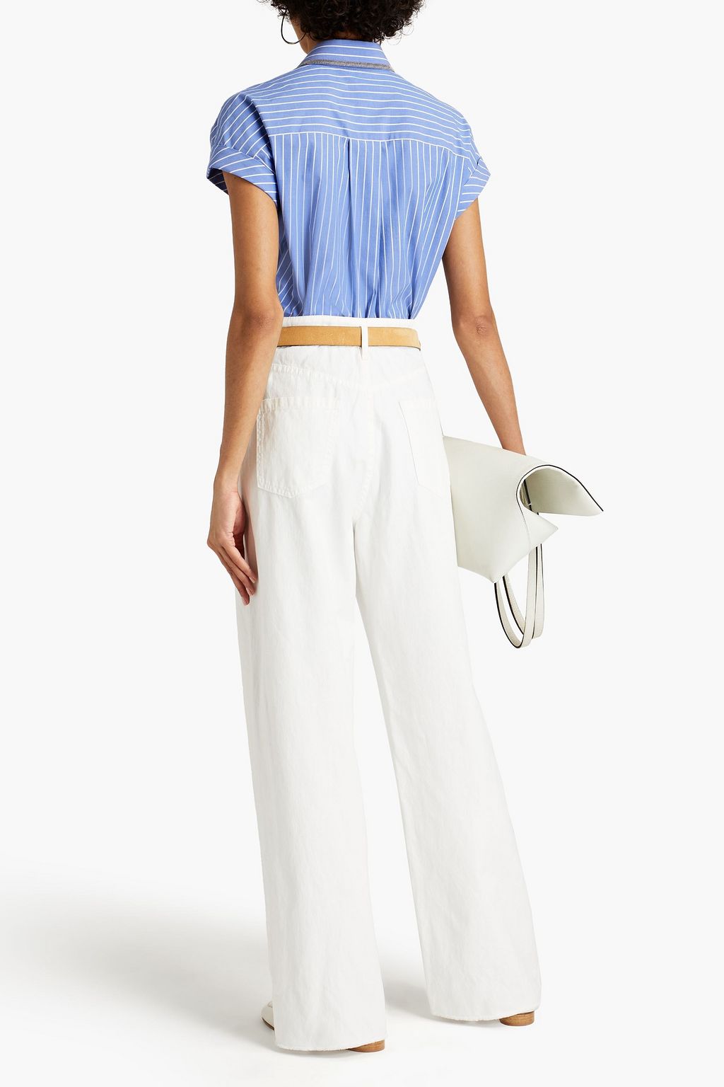 BRUNELLO CUCINELLI Bead-embellished frayed pleated cotton and linen-blend wide-leg pants