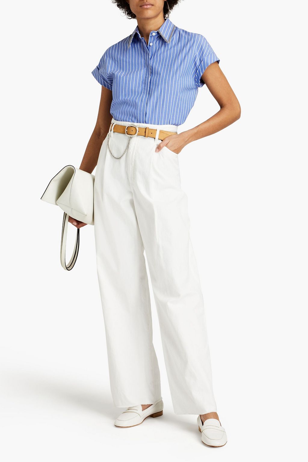 BRUNELLO CUCINELLI Bead-embellished frayed pleated cotton and linen-blend wide-leg pants