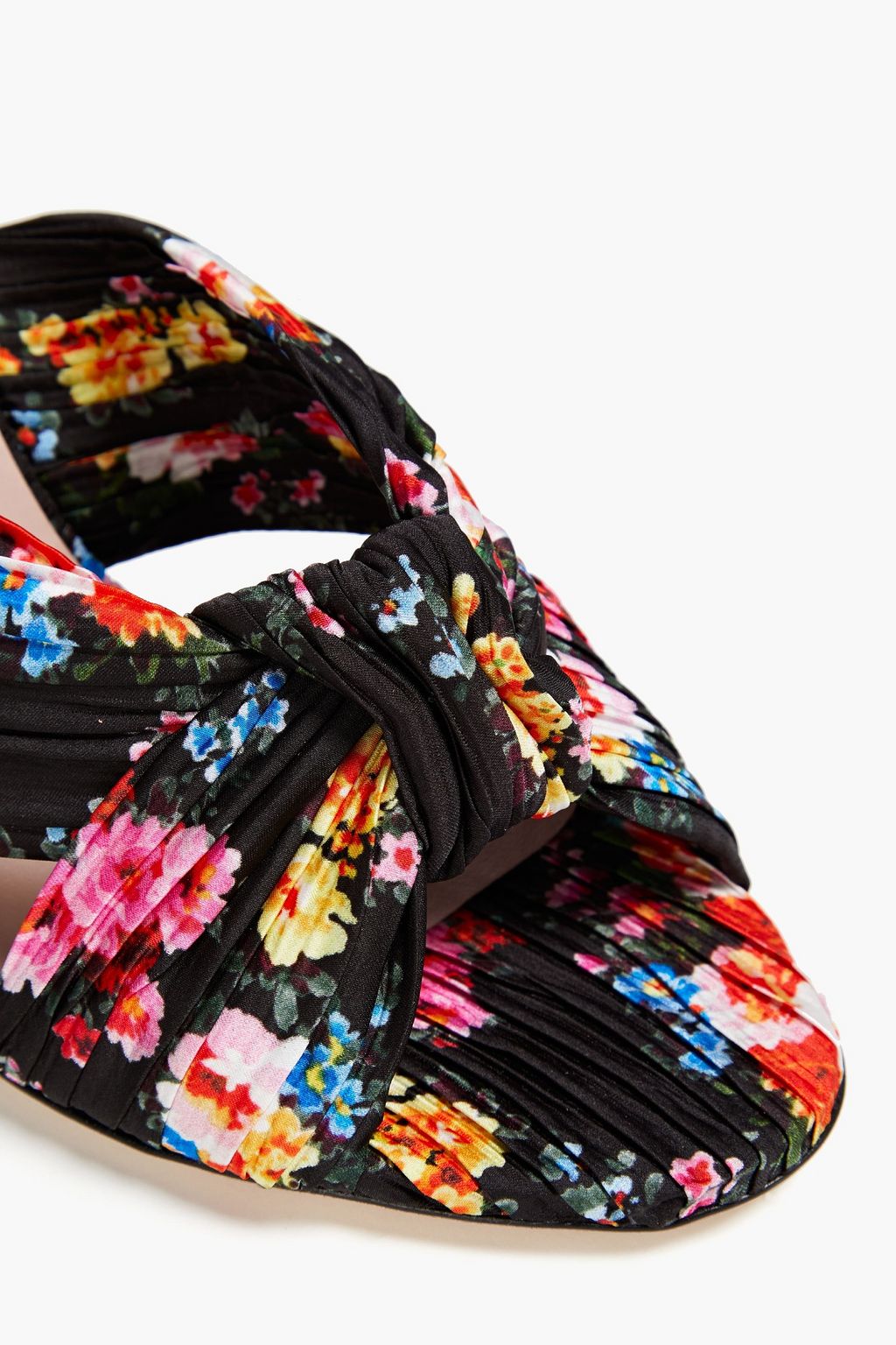 MSGM Cutout knotted plissé floral-print satin mules