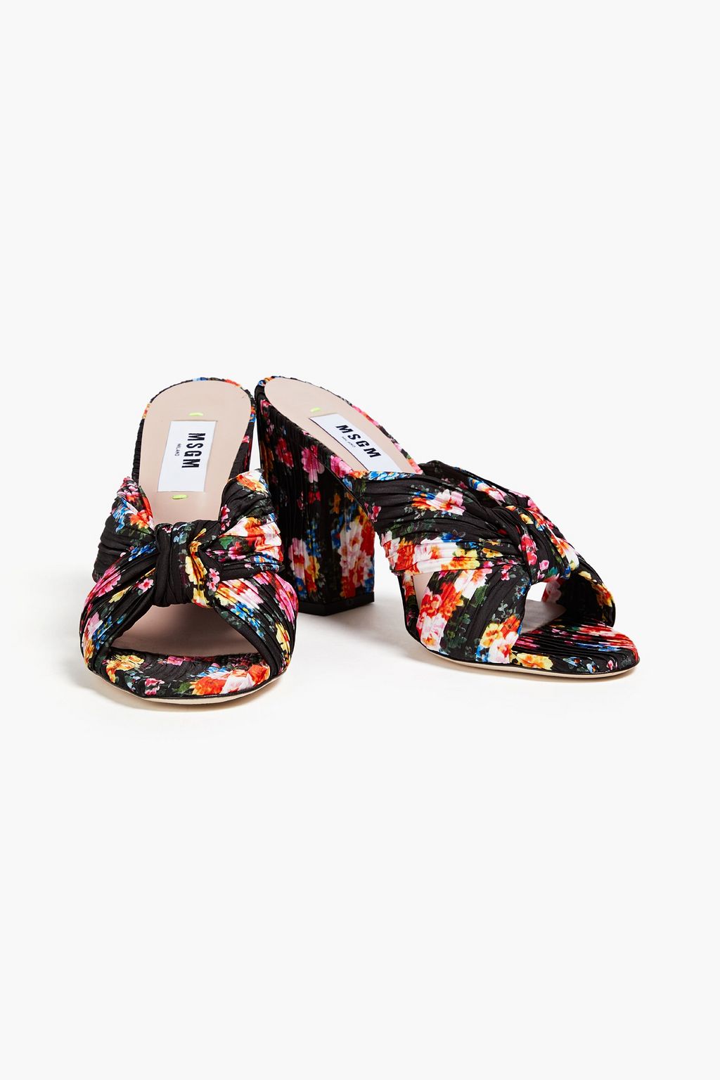 MSGM Cutout knotted plissé floral-print satin mules