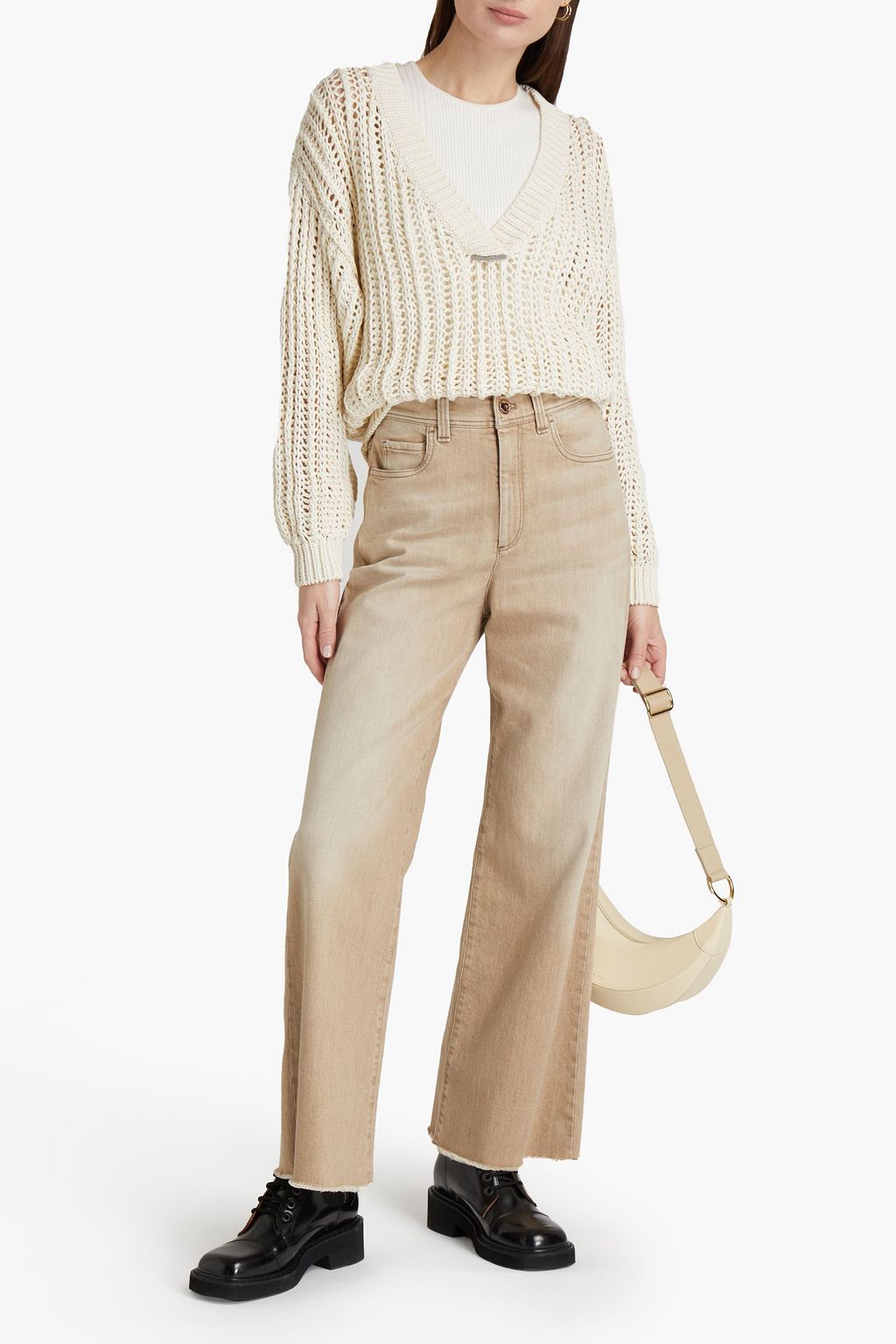 BRUNELLO CUCINELLI Frayed bead-embellished high-rise flared jeans