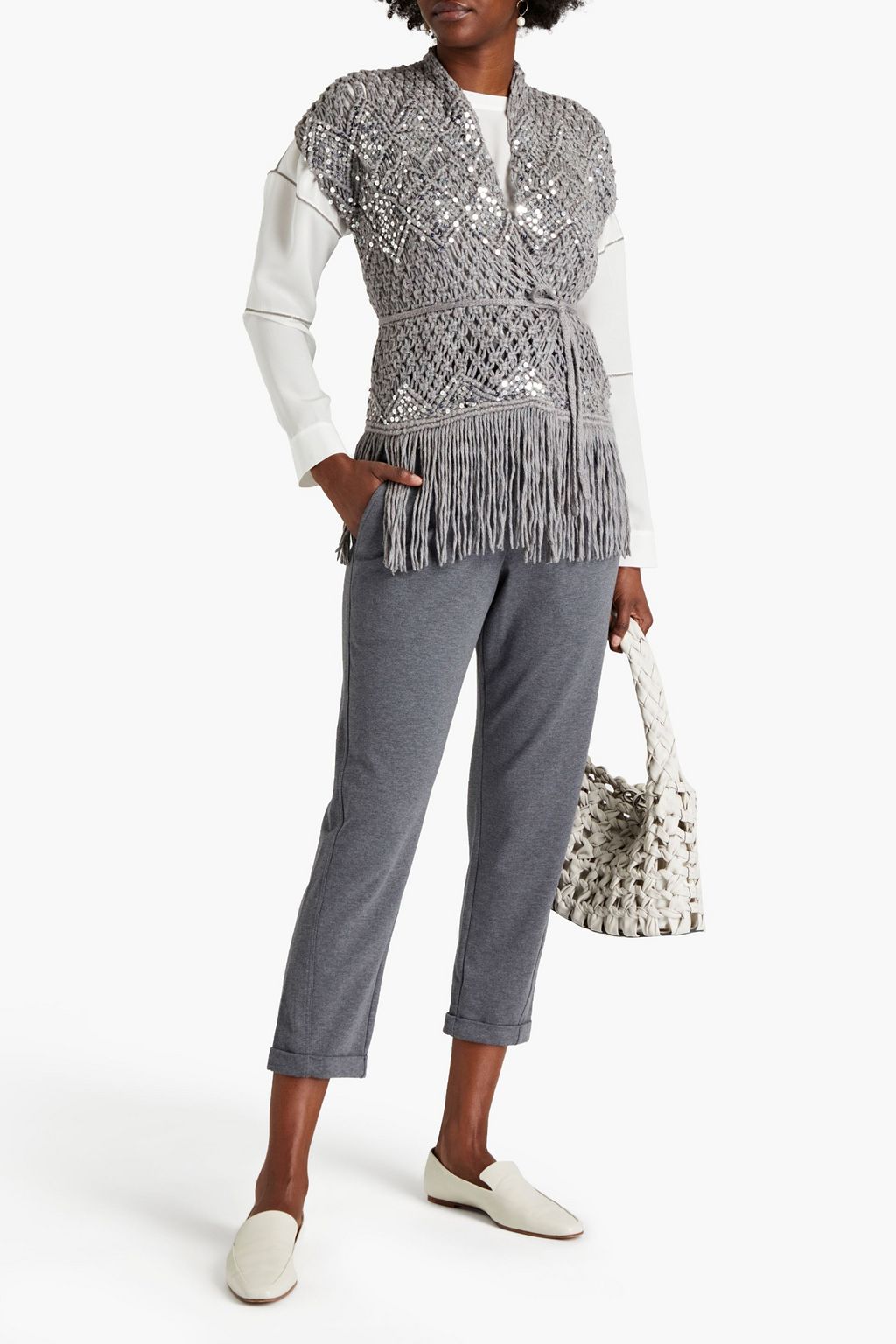 BRUNELLO CUCINELLI Fringed embellished macramé wrap top