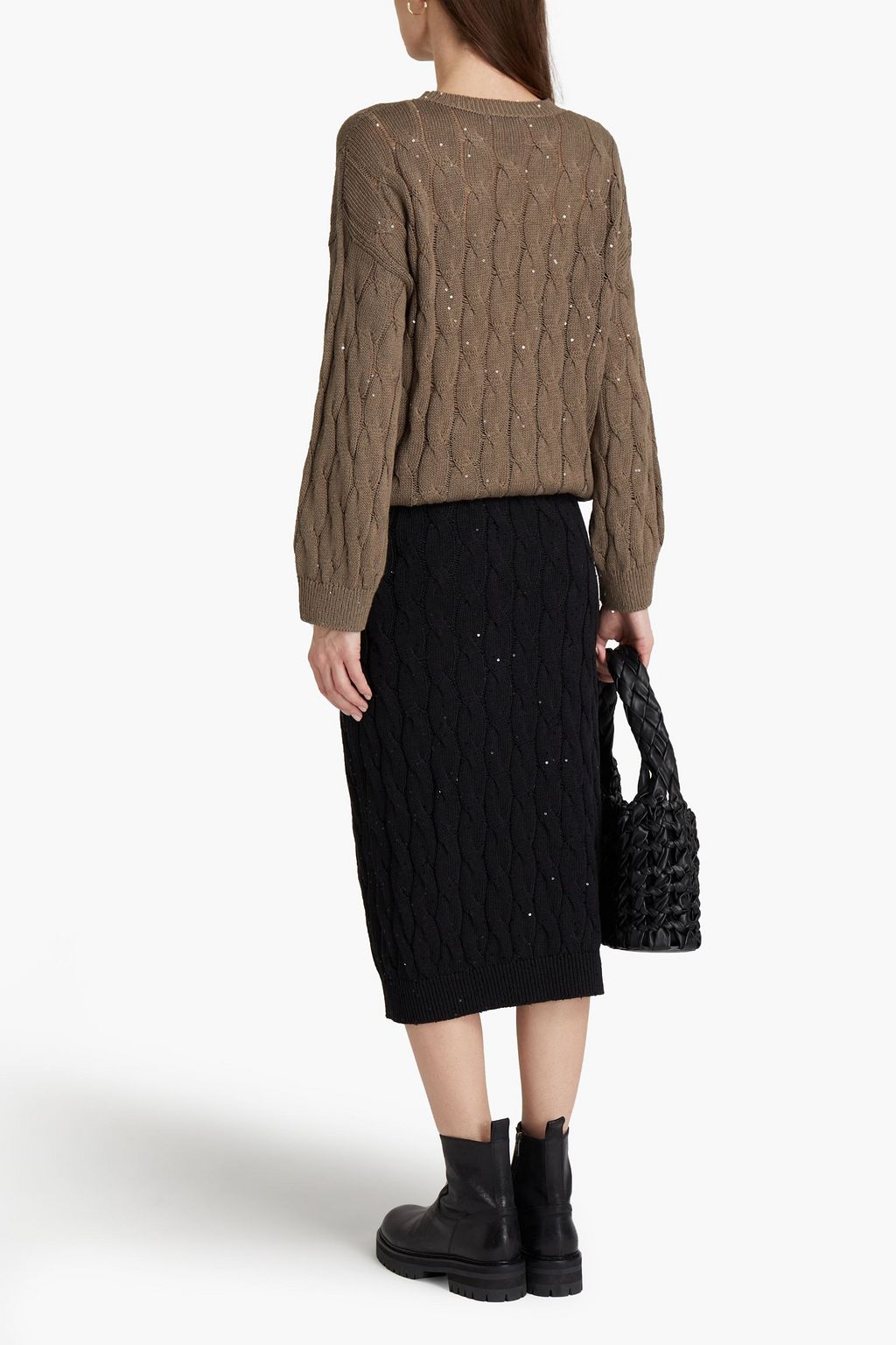 BRUNELLO CUCINELLI Cable-knit cotton, wool and silk-blend midi skirt
