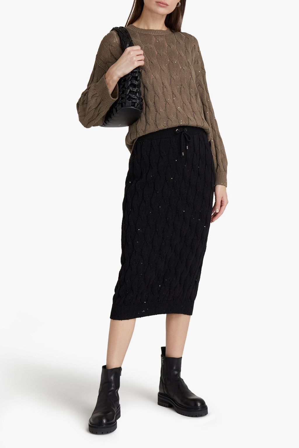 BRUNELLO CUCINELLI Cable-knit cotton, wool and silk-blend midi skirt
