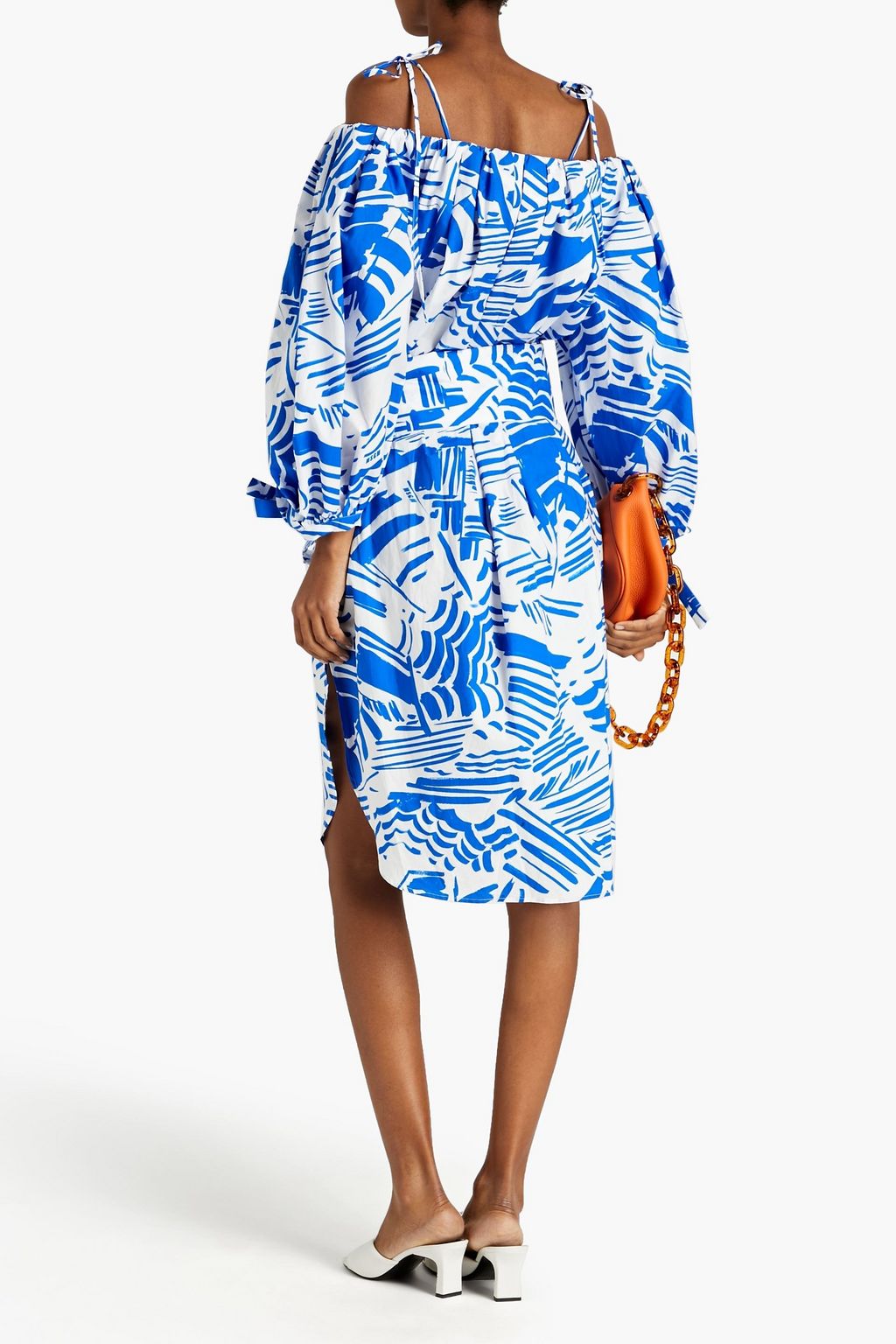 MSGM Cold-shoulder gathered printed cotton-poplin dress