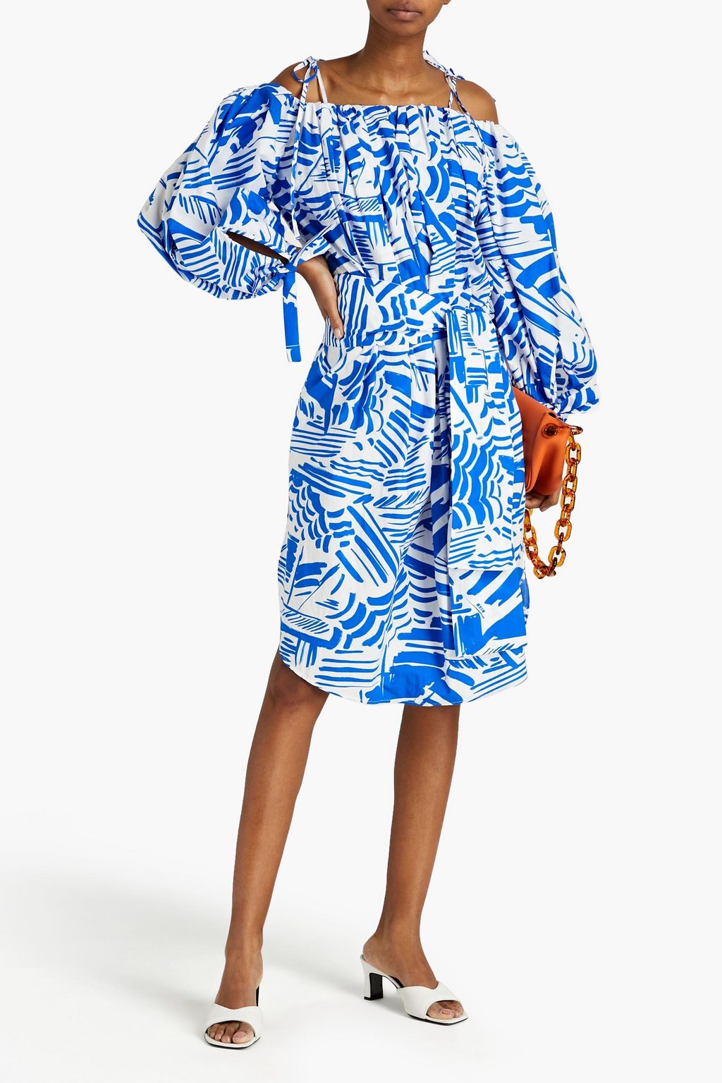 MSGM Cold-shoulder gathered printed cotton-poplin dress