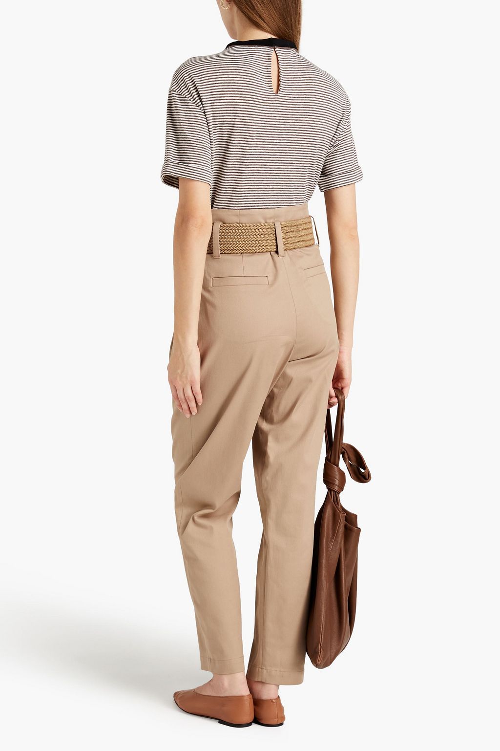 BRUNELLO CUCINELLI Bead-embellished striped slub linen-blend jersey T-shirt
