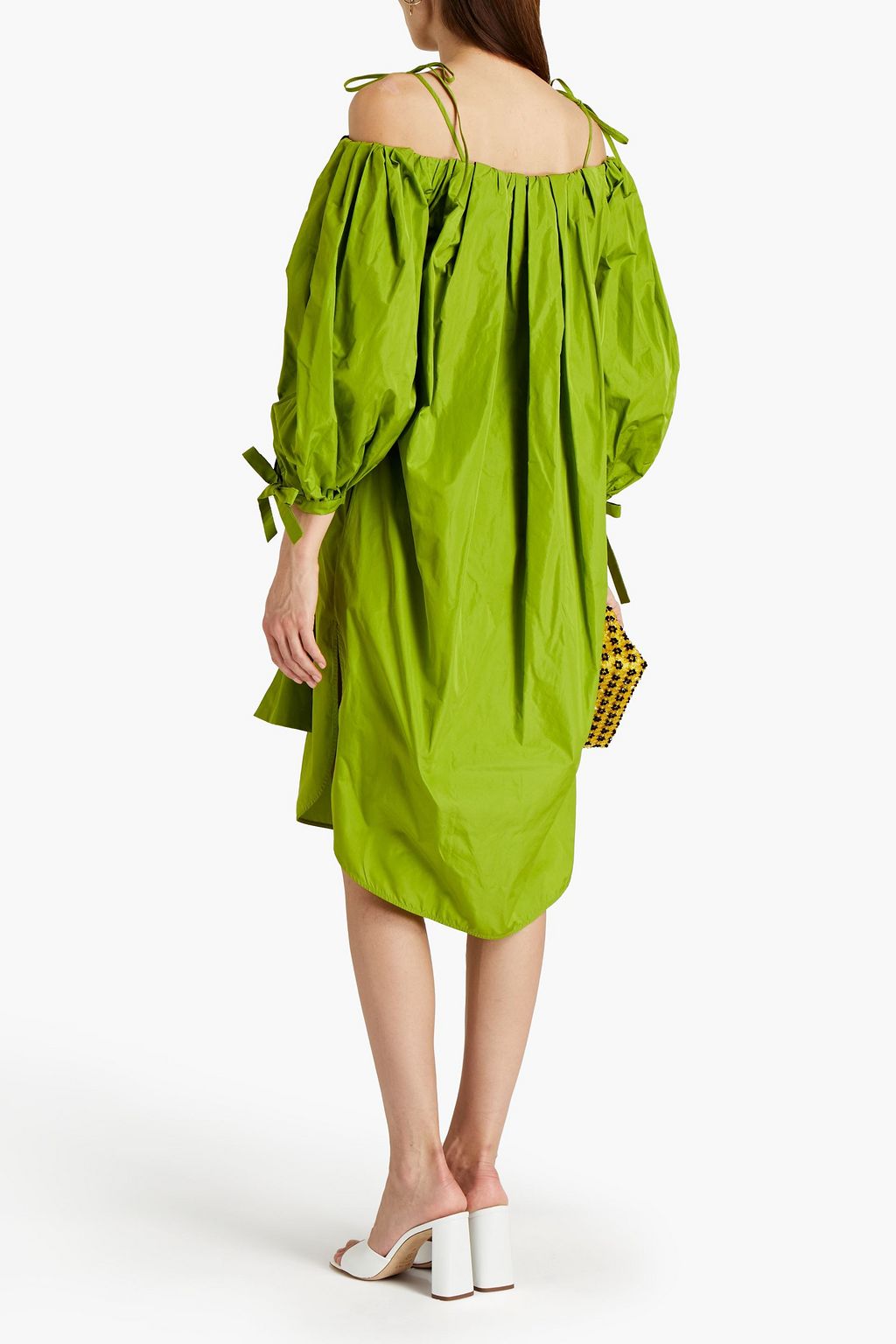 MSGM Cold-shoulder belted pleated taffeta dress