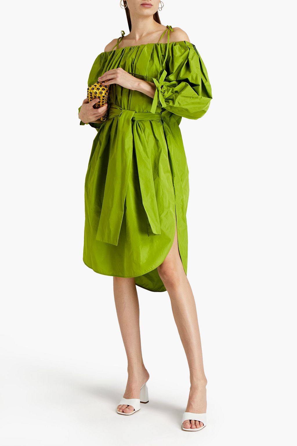 MSGM Cold-shoulder belted pleated taffeta dress