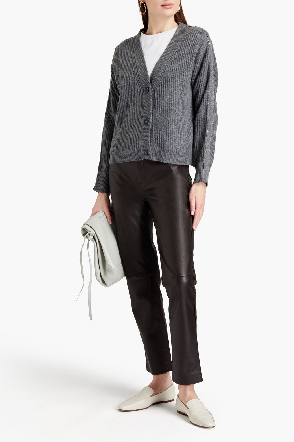N.PEAL Bead-embellished mélange ribbed cashmere cardigan