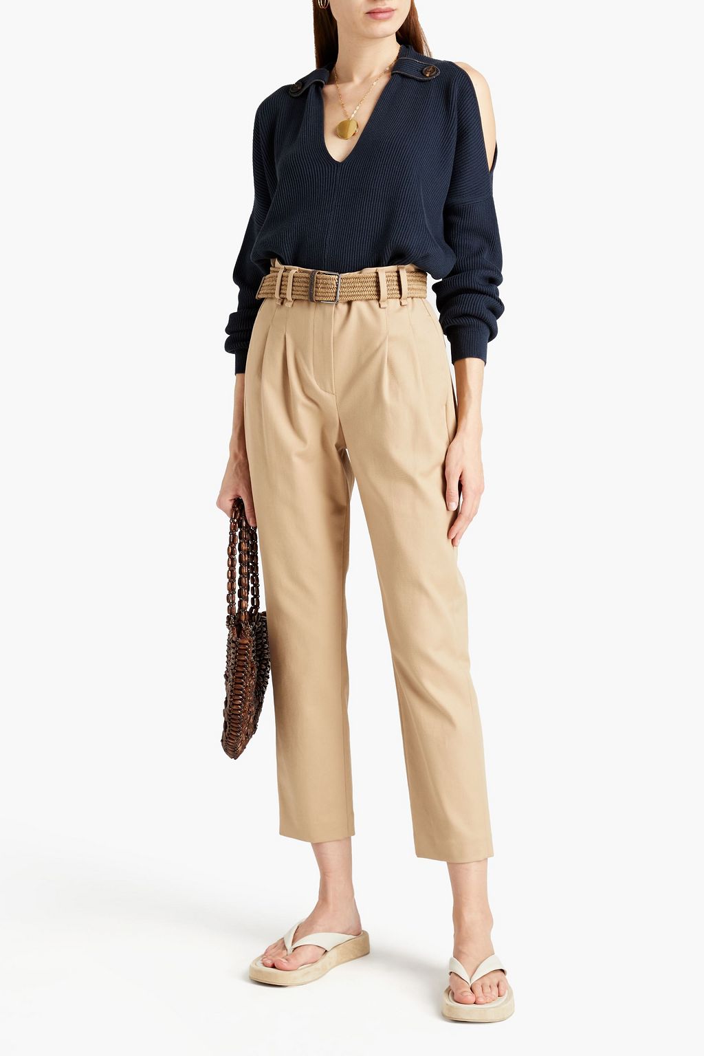 BRUNELLO CUCINELLI Pullover aus gerippter Baumwolle mit Cut-outs und Zierperlen