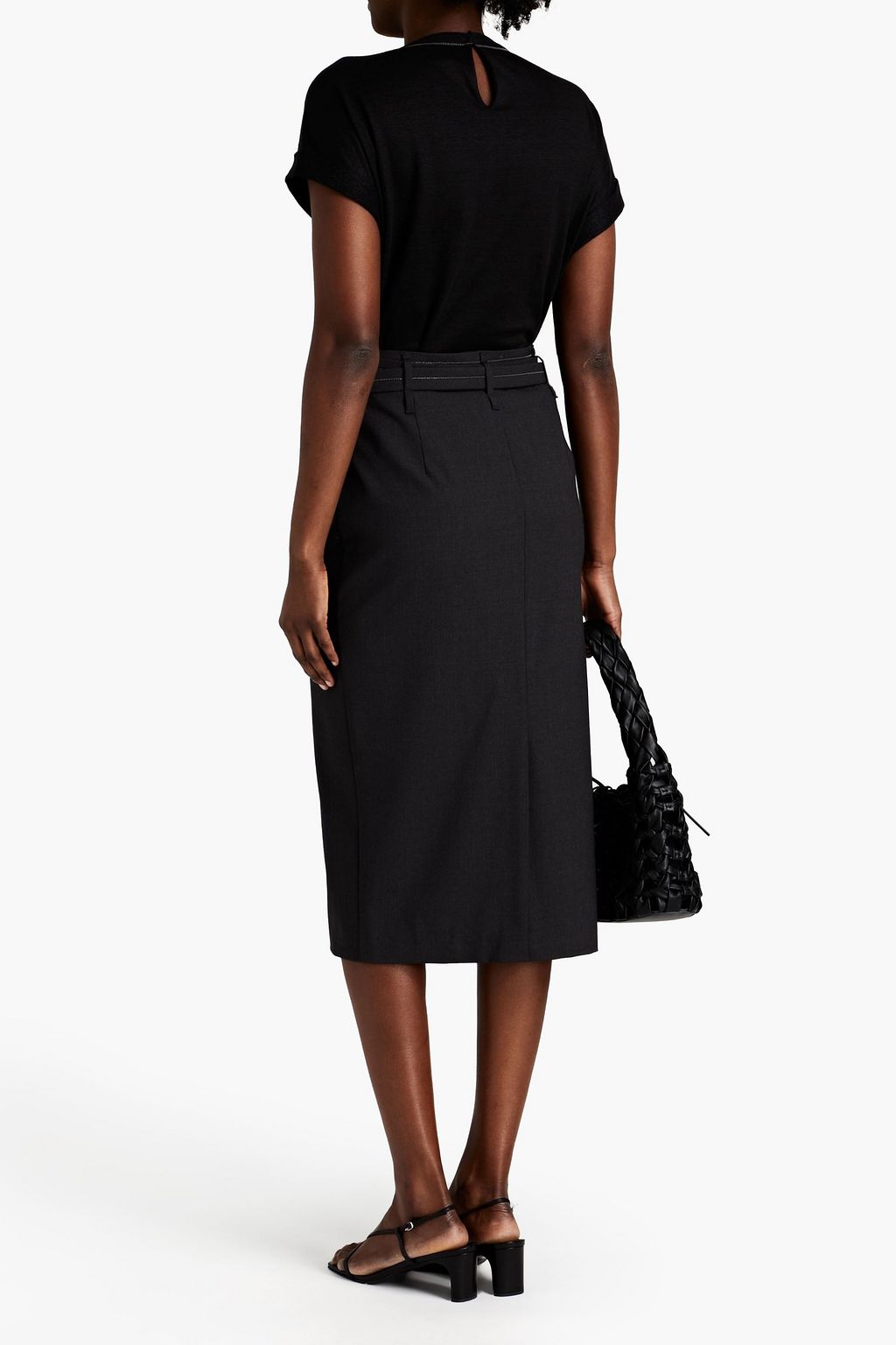 BRUNELLO CUCINELLI Belted bead-embellished wool-blend pencil skirt
