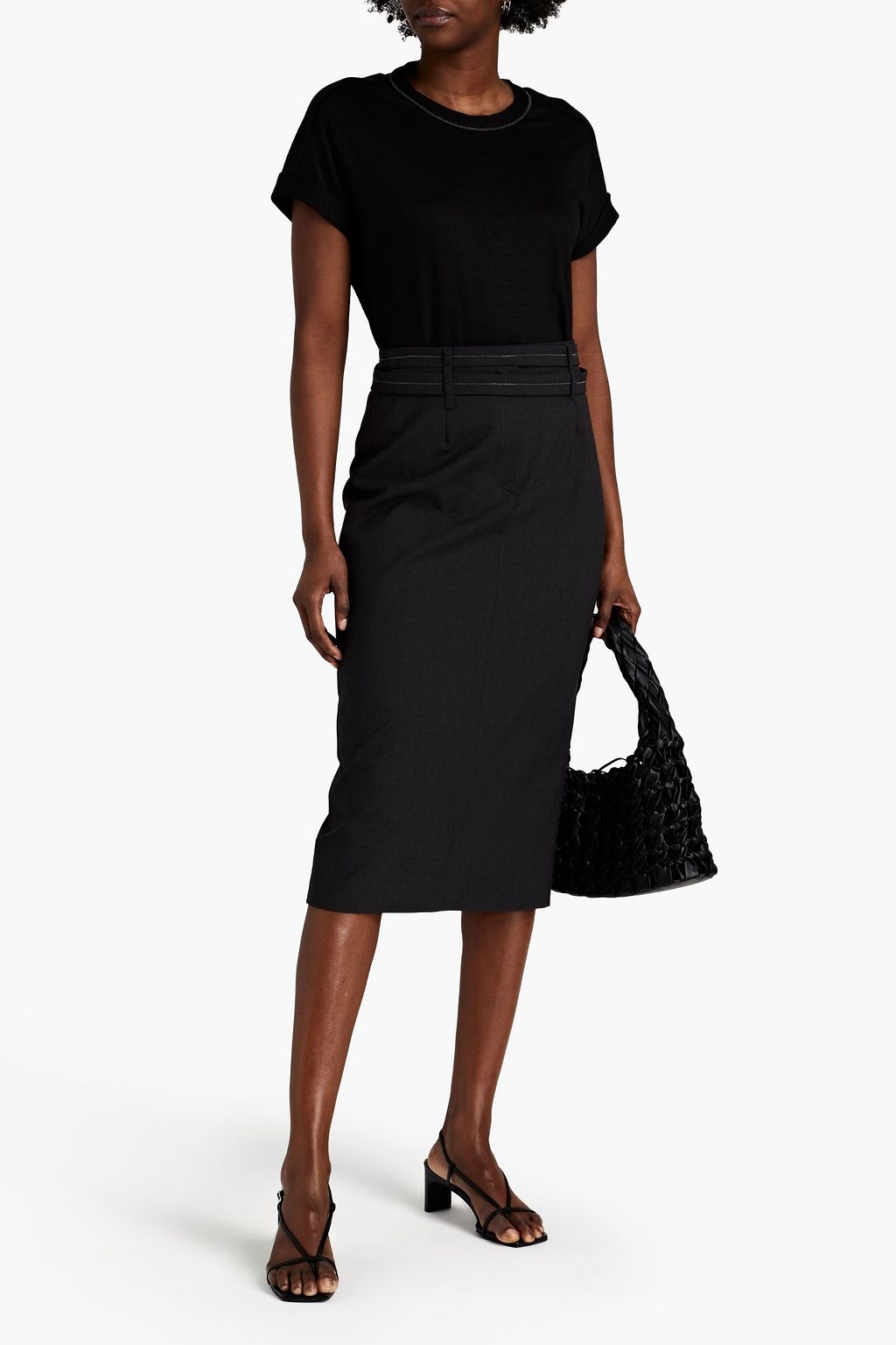BRUNELLO CUCINELLI Belted bead-embellished wool-blend pencil skirt