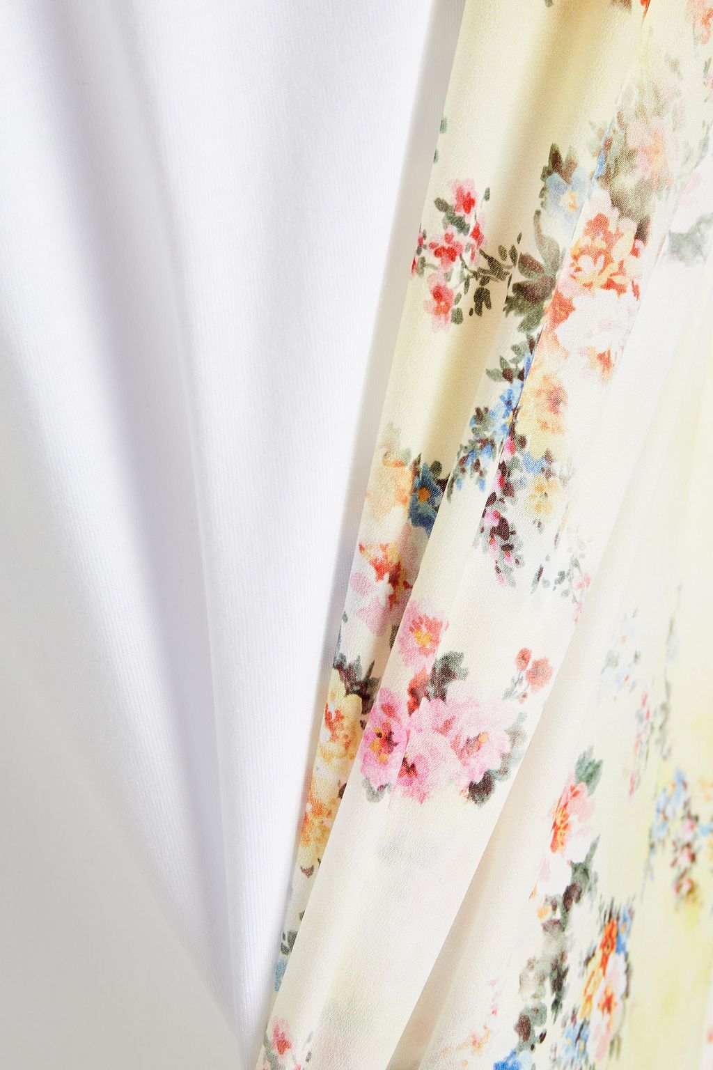 MSGM Floral-print crepe de chine-paneled fringed cotton-jersey midi dress