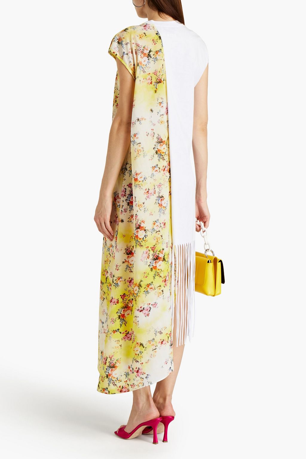 MSGM Floral-print crepe de chine-paneled fringed cotton-jersey midi dress