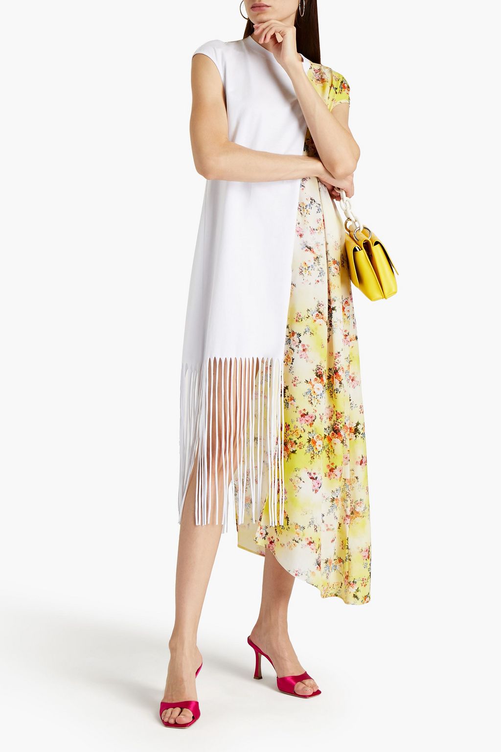 MSGM Floral-print crepe de chine-paneled fringed cotton-jersey midi dress