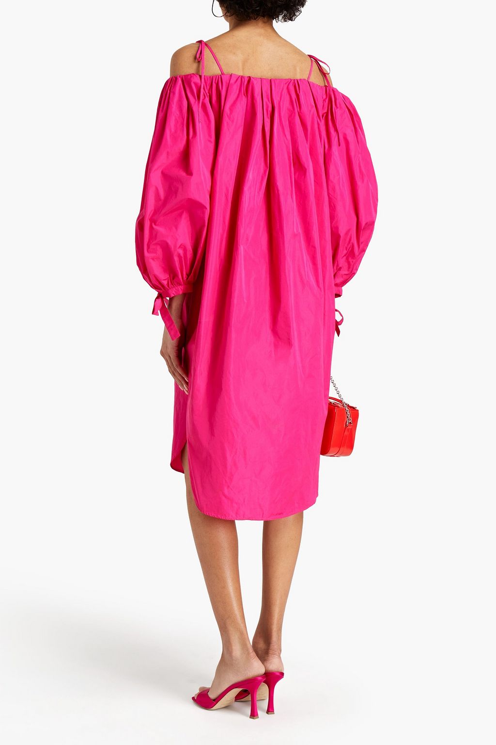 MSGM Cold-shoulder belted pleated taffeta dress
