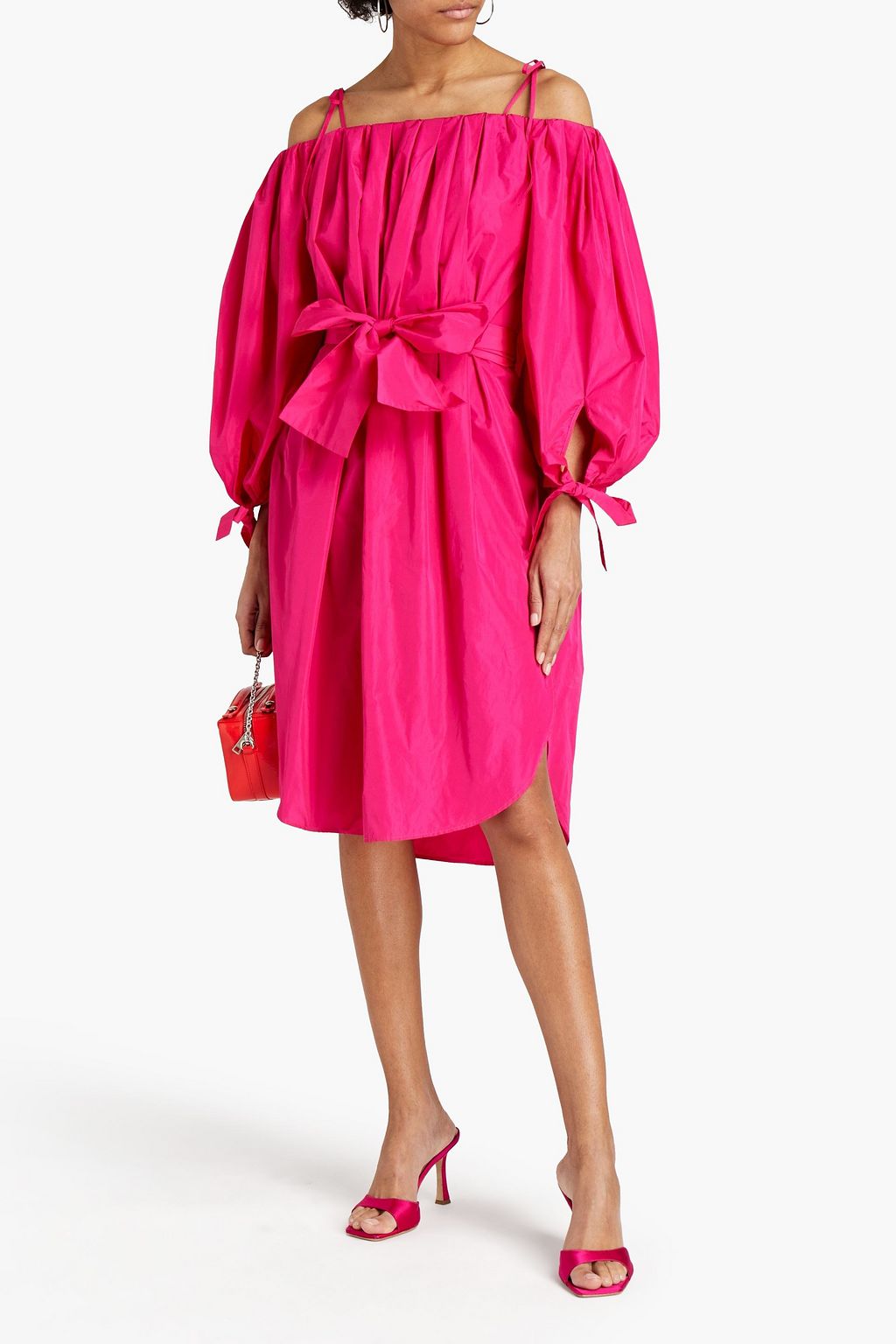 MSGM Cold-shoulder belted pleated taffeta dress