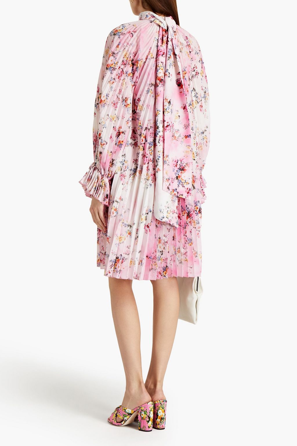 MSGM Tie-neck pleated floral-print crepe de chine dress