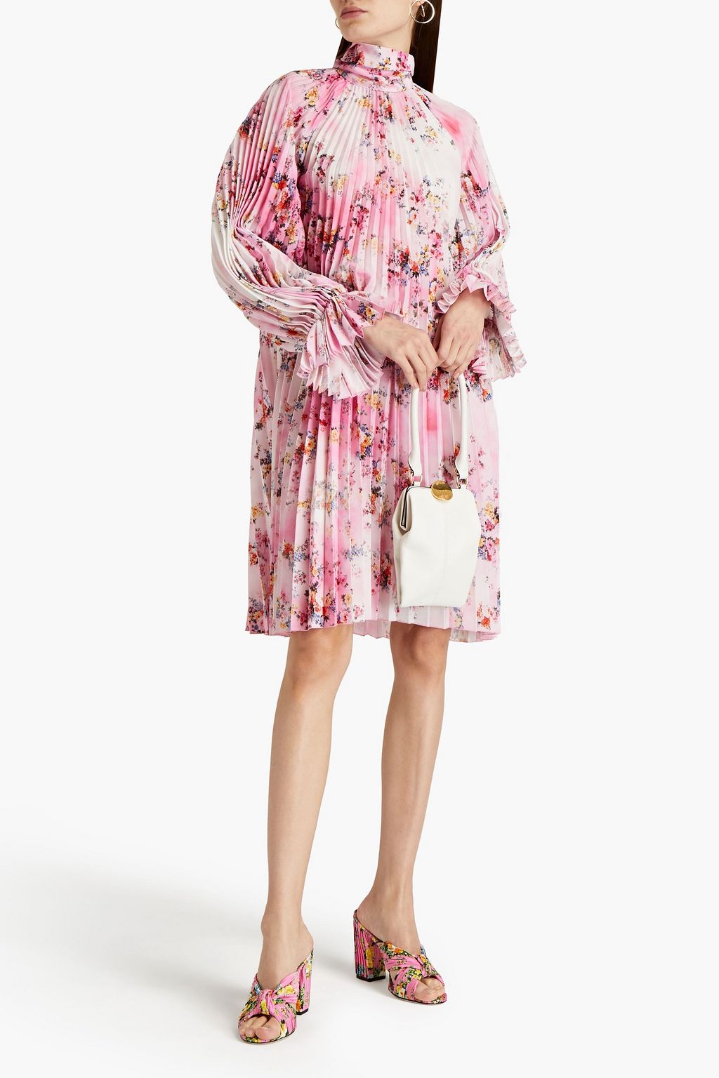 MSGM Tie-neck pleated floral-print crepe de chine dress